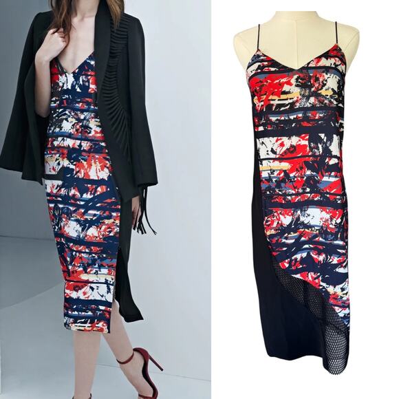 Sachin &‎ Babi Colorblock Abstract Print Mesh Detail Midi Dress Size 2 - Picture 1 of 12